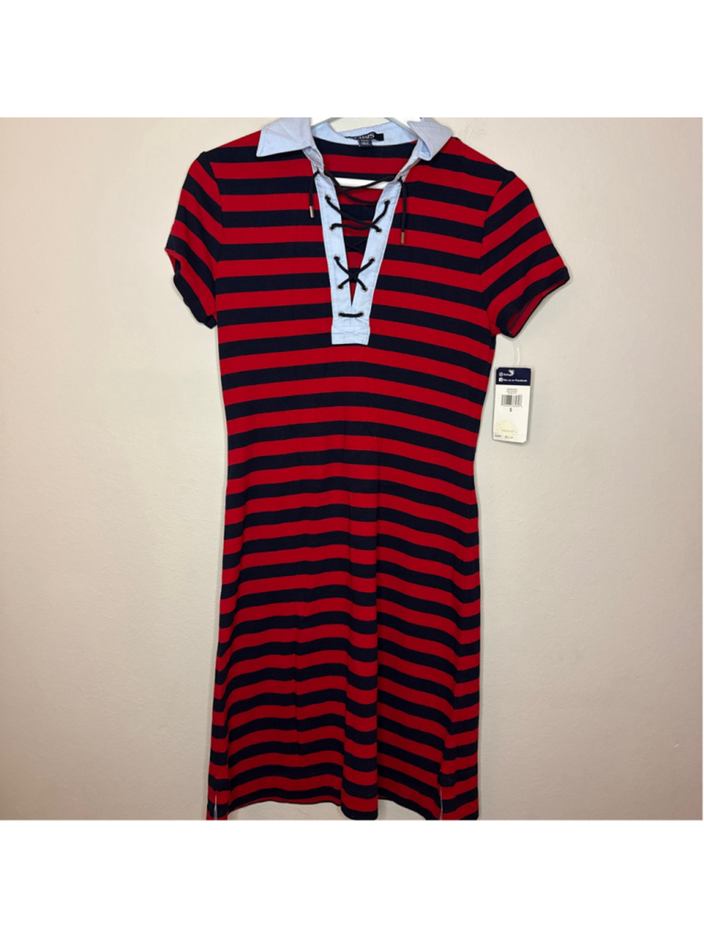 Women's Chaps Red & Navy Striped Lace-Up Mini Dress Size S - [1185]